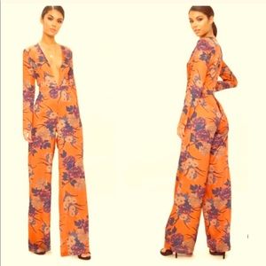 Orange Floral Print Long Sleeve Plunge Jumpsuit